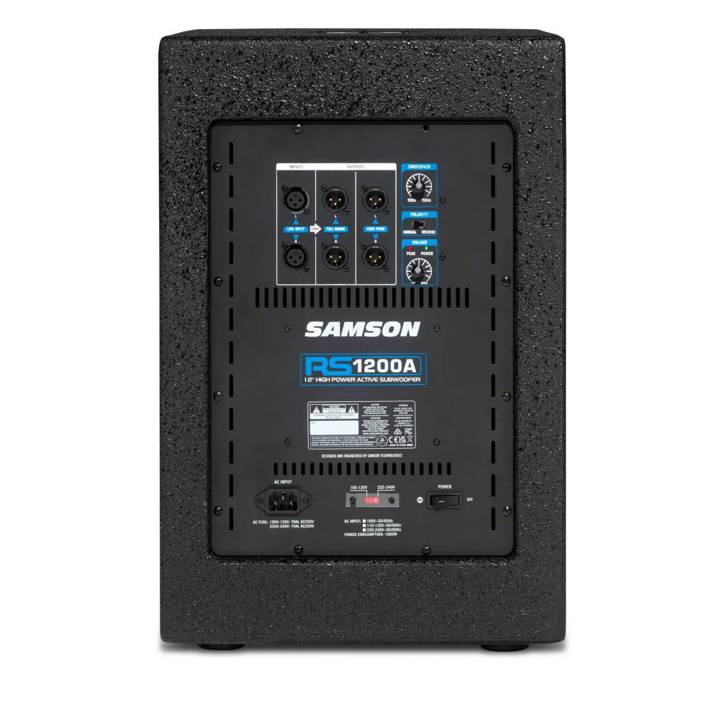 Samson RS1200A 1000W Active Subwoofer with 12" Woofer, 3" Voice Coil, 117dB Max SPL, High-pass Outputs, and Variable Low-pass Filter Control thumbnail 2