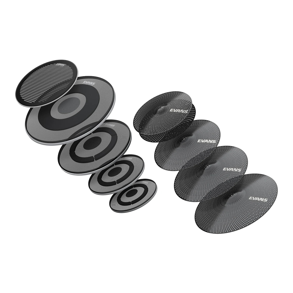 Evans dB One Low Volume Cymbal and Drumhead Set 9-piece Mesh Drumhead and Perforated Stainless Alloy Cymbal Set with 10", 12", 16", 22" Heads, 14-inch Snare Head, Hi-hats, 2x Crashes, and Ride Cymbal thumbnail 2